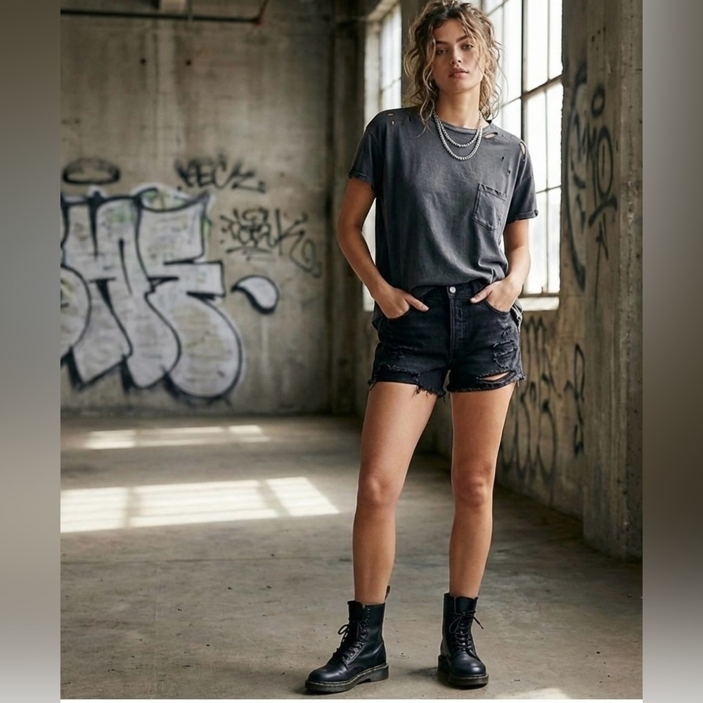 We The Free Charcoal Short Sleeve Tee Distressed Boho Grudge Oversized Vintage